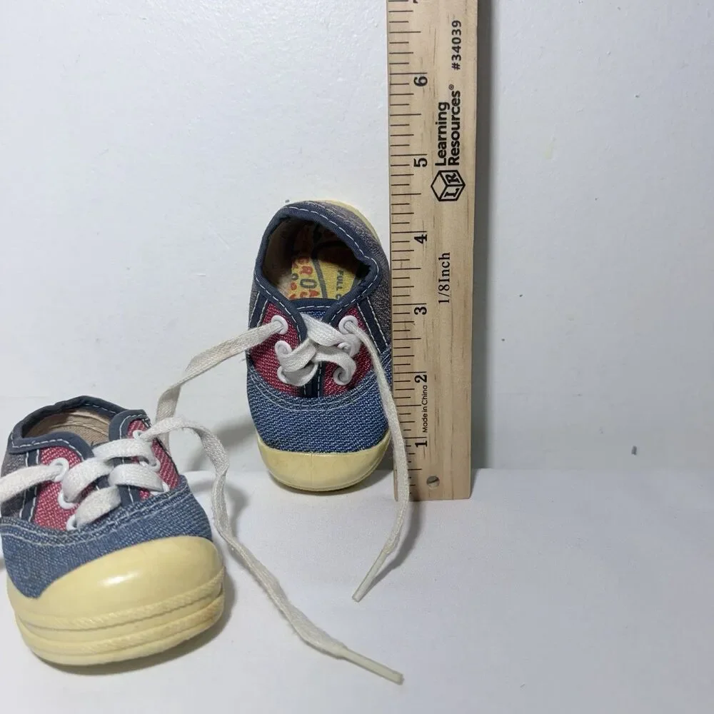 Vintage Baby Shoes Sneakers Size 2 Denim Blue & Red  Made USA